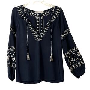Abercrombie Fitch Womens Top Size S Dark Blue Boho Embroidered Tassel